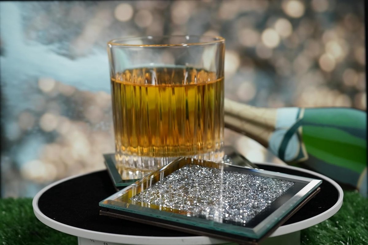 Set of 4 Mirror Effect Coasters - Crushed Diamond Coasters - Table Decor - With cut diamond crystal and V1188-MS-313-0731