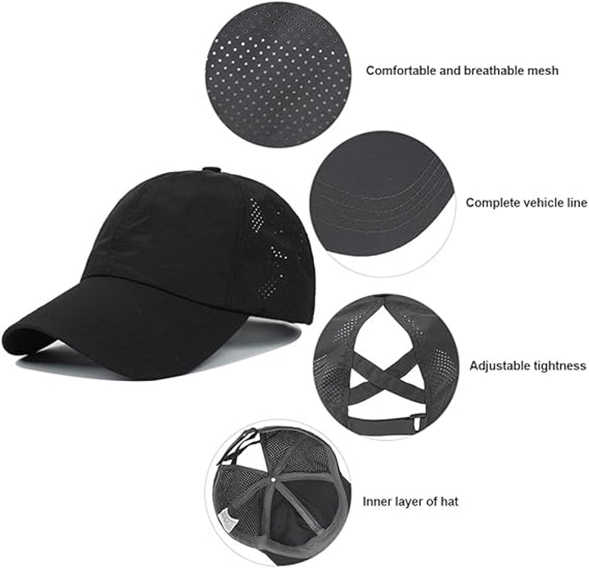 Women's ponytail baseball cap, adjustable summer cap in quick-drying breathable mesh, unisex baseball cap, V1188-MS-313-0739