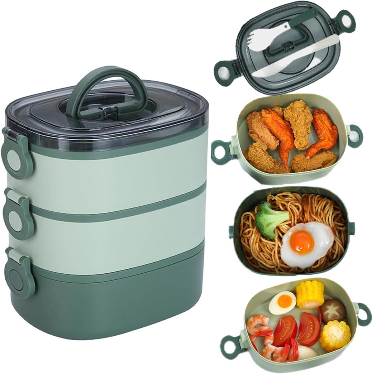 Lunch Box - Bento Box with Cutlery - 3-Layer 2000ml Lunch Box - Insulated Lunch Box for Adults and Children, V1188-MS-313-0746