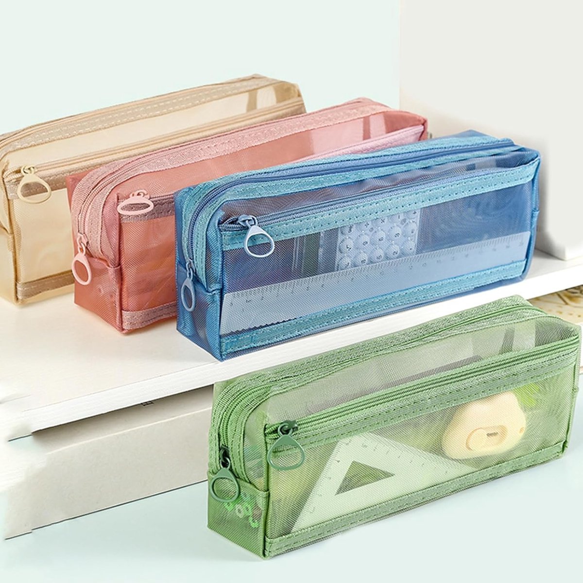 Double-layer mesh pencil case, large capacity pencil case, transparent pencil case for students, green V1188-MS-313-0793