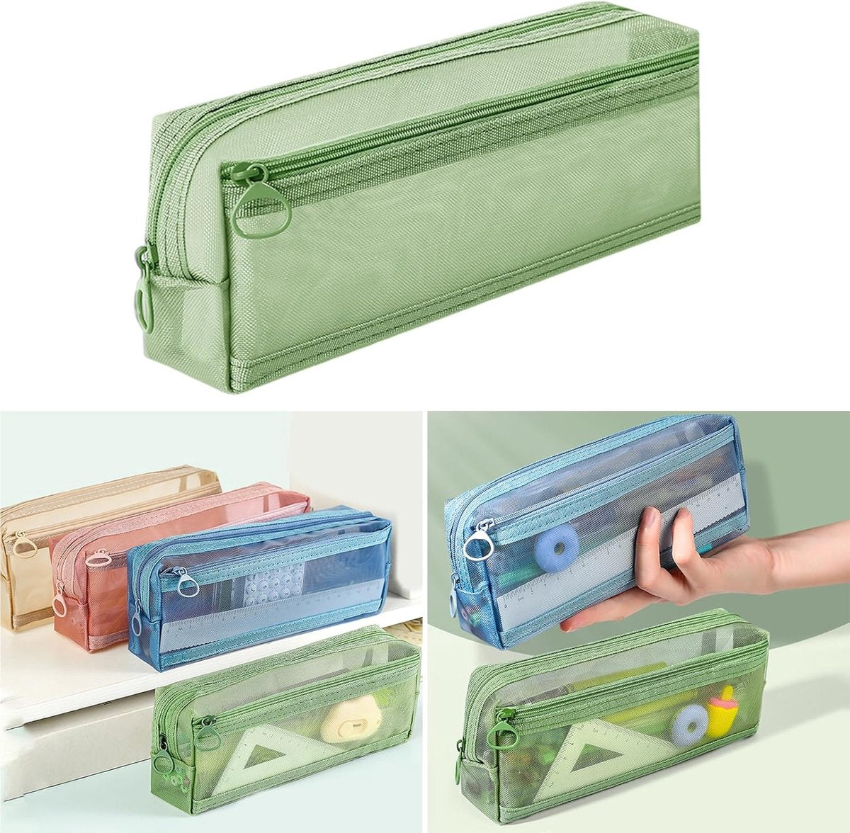 Double-layer mesh pencil case, large capacity pencil case, transparent pencil case for students, green V1188-MS-313-0793