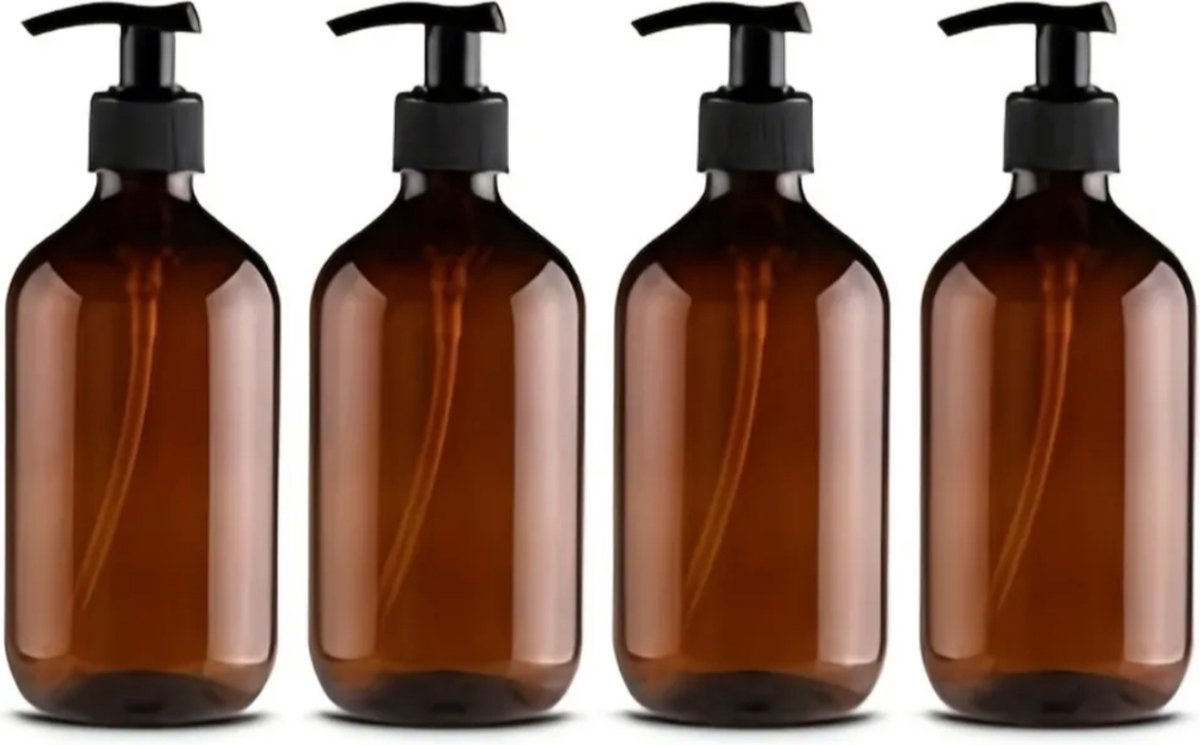 Set of 4 pump bottles 500 ML, transparent brown plastic soap dispenser, refillable shampoo bottle. V1188-MS-313-0797