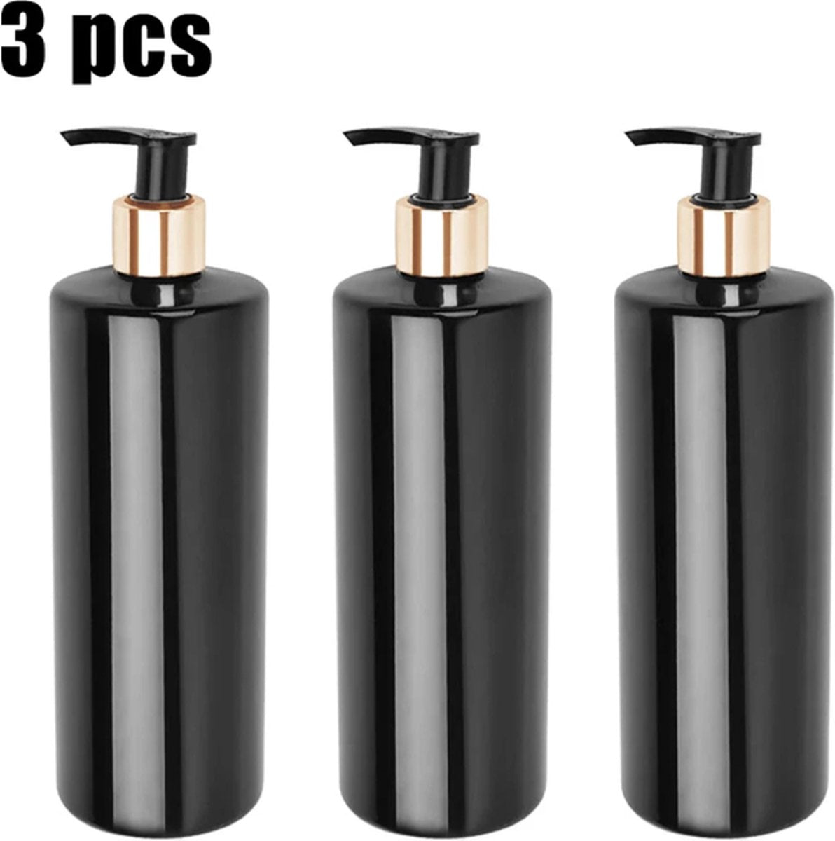 Set of 3 pump bottles, 500 ML, plastic soap dispenser, black/gold color, refillable shampoo bottle. V1188-MS-313-0798