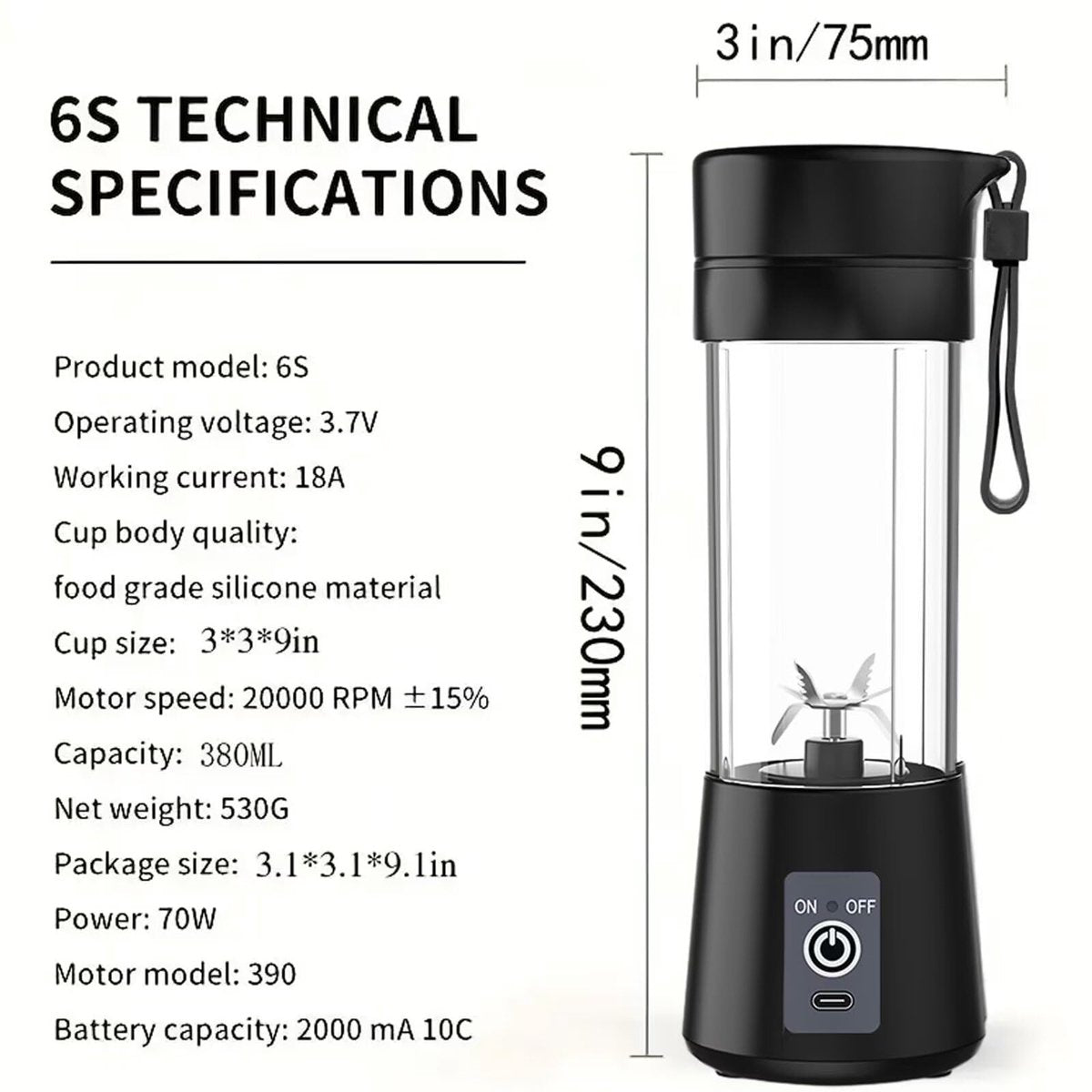 Blender - Mini blender - Smoothie maker - Rechargeable mini blender - Portable blender - Citrus press - Black V1188-MS-313-0806