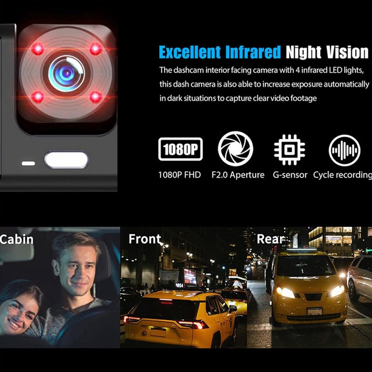 Dashcam - Dual lens 1080p - HD video recorder, wide viewing angle - Loop recording - For safety while V1188-MS-313-0808