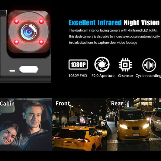 Dashcam - Dual lens 1080p - HD video recorder, wide viewing angle - Loop recording - For safety while V1188-MS-313-0808