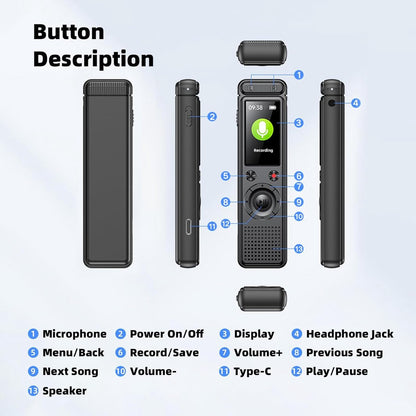 Voice Recorder - Dictaphone - Rechargeable - Portable - Clear Sound - Meetings, Interviews - 64 GB - Black V1188-MS-313-0818
