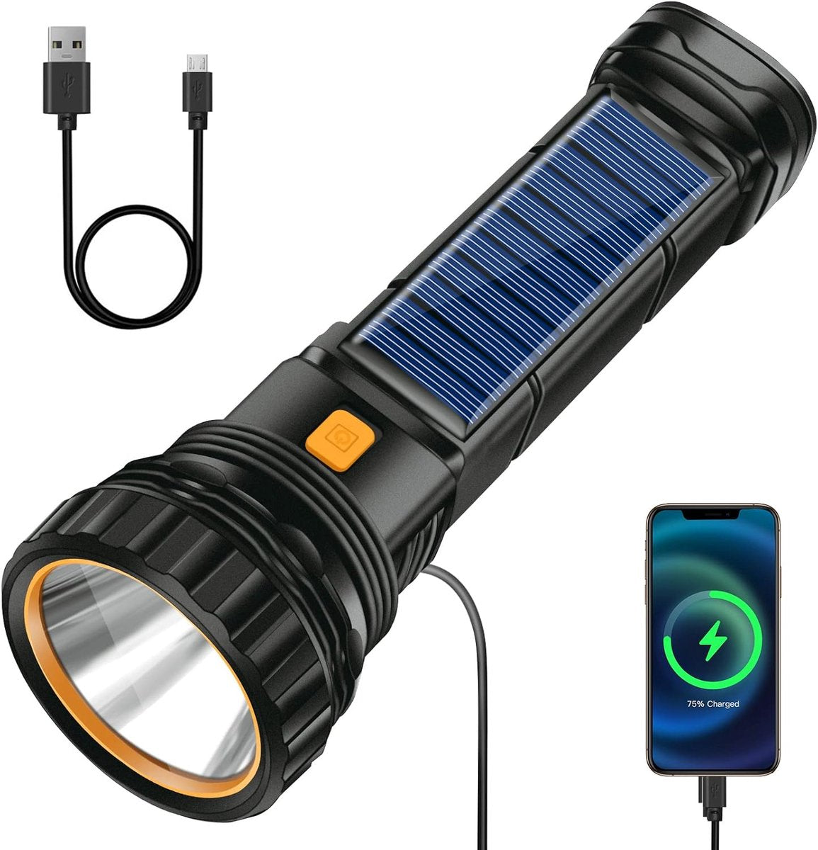 Solar Flashlight - Solar LED Flashlight - USB Rechargeable Solar Flashlight - Emergency Flashlight - 1200 mAh V1188-MS-313-0830
