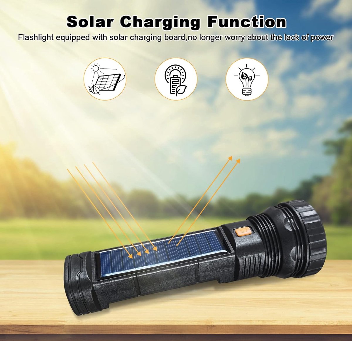 Solar Flashlight - Solar LED Flashlight - USB Rechargeable Solar Flashlight - Emergency Flashlight - 1200 mAh V1188-MS-313-0830