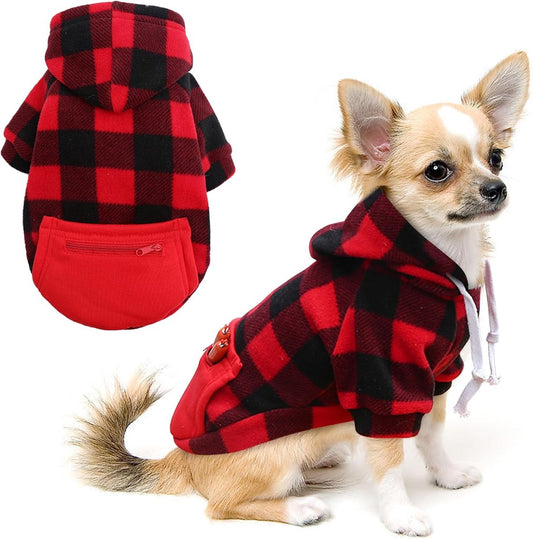 Dog Coat - Plaid Sweater - Warm Dog Coat - Zippered Pockets - Soft Brushed Fleece Hoodie - Winter Coat for V1188-MS-313-0836