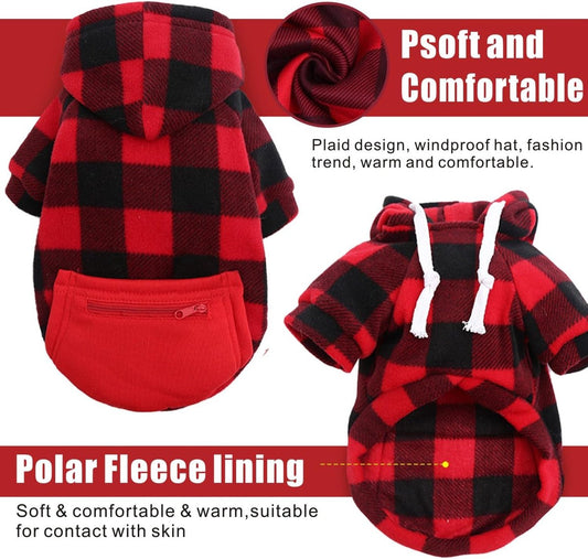 Dog Coat - Plaid Sweater - Warm Dog Coat - Zippered Pockets - Soft Brushed Fleece Hoodie - Winter Coat for V1188-MS-313-0836