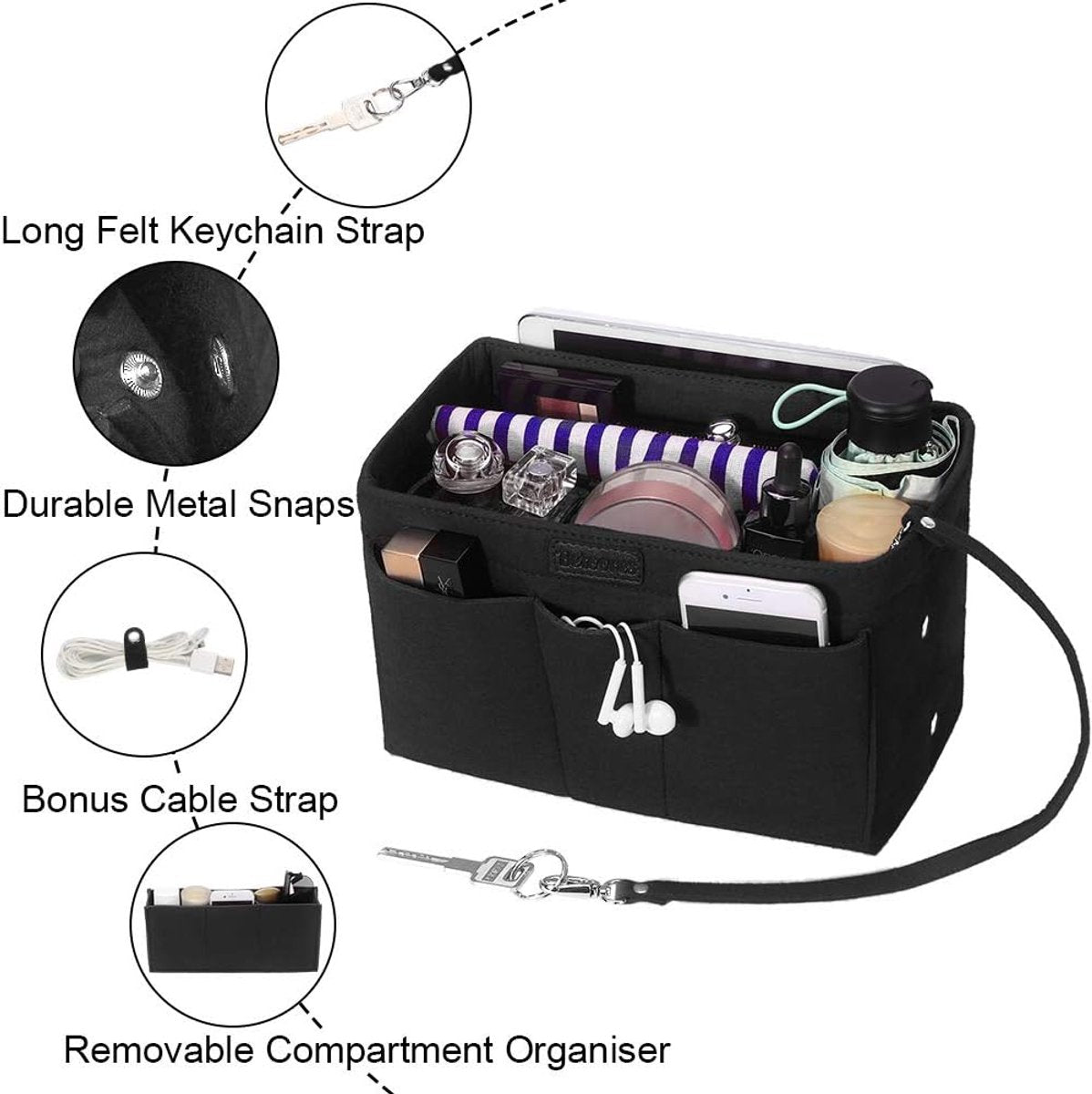 Handbags, shopping bags, women's bag with storage pouch, black V1188-MS-313-0848