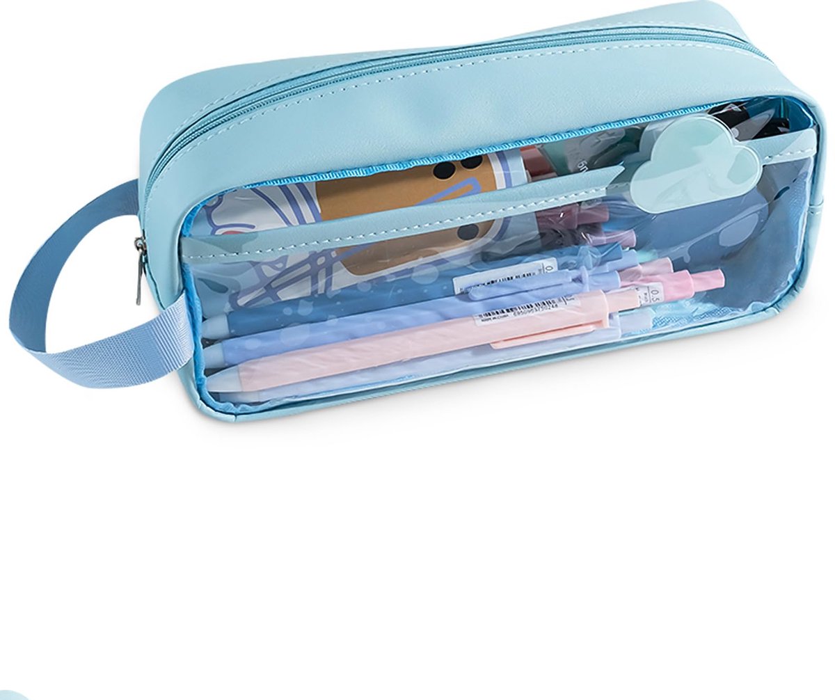Transparent pencil case - Blue - Groot - 21 x 9 x 7 cm - For School, Boys, Girls and Adults - Pencil Case V1188-MS-313-0853