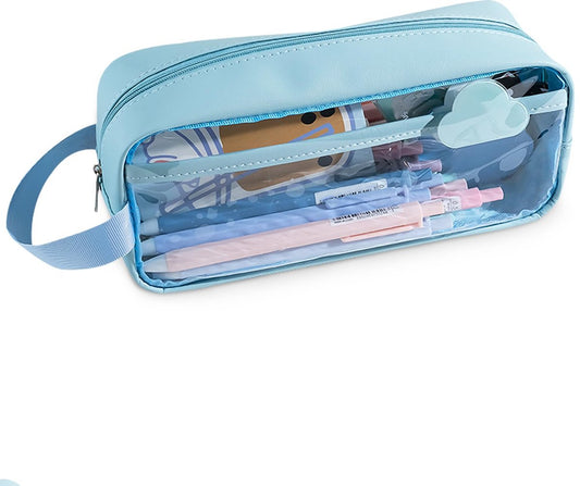Transparent pencil case - Blue - Groot - 21 x 9 x 7 cm - For School, Boys, Girls and Adults - Pencil Case V1188-MS-313-0853