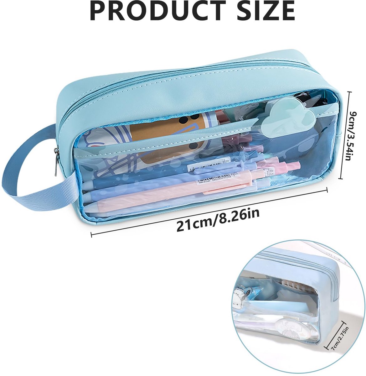 Transparent pencil case - Blue - Groot - 21 x 9 x 7 cm - For School, Boys, Girls and Adults - Pencil Case V1188-MS-313-0853