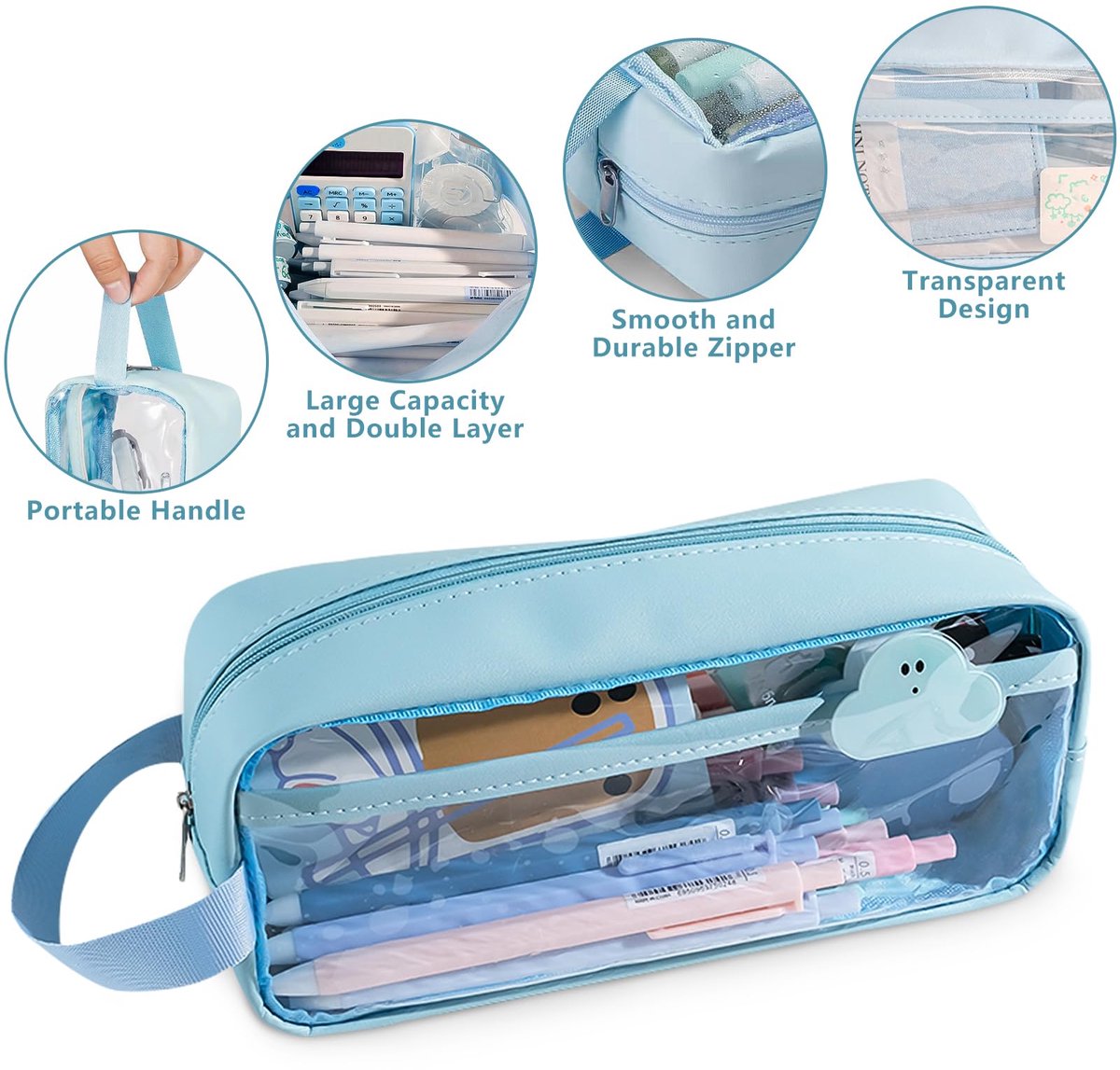 Transparent pencil case - Blue - Groot - 21 x 9 x 7 cm - For School, Boys, Girls and Adults - Pencil Case V1188-MS-313-0853
