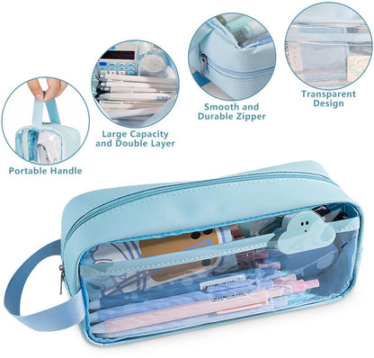 Transparent pencil case - Blue - Groot - 21 x 9 x 7 cm - For School, Boys, Girls and Adults - Pencil Case V1188-MS-313-0853