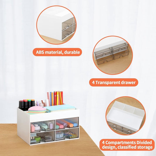 Multifunctional desk organizer with 4 drawers and pen holders, makeup organizer, for teachers, office, V1188-MS-313-0893