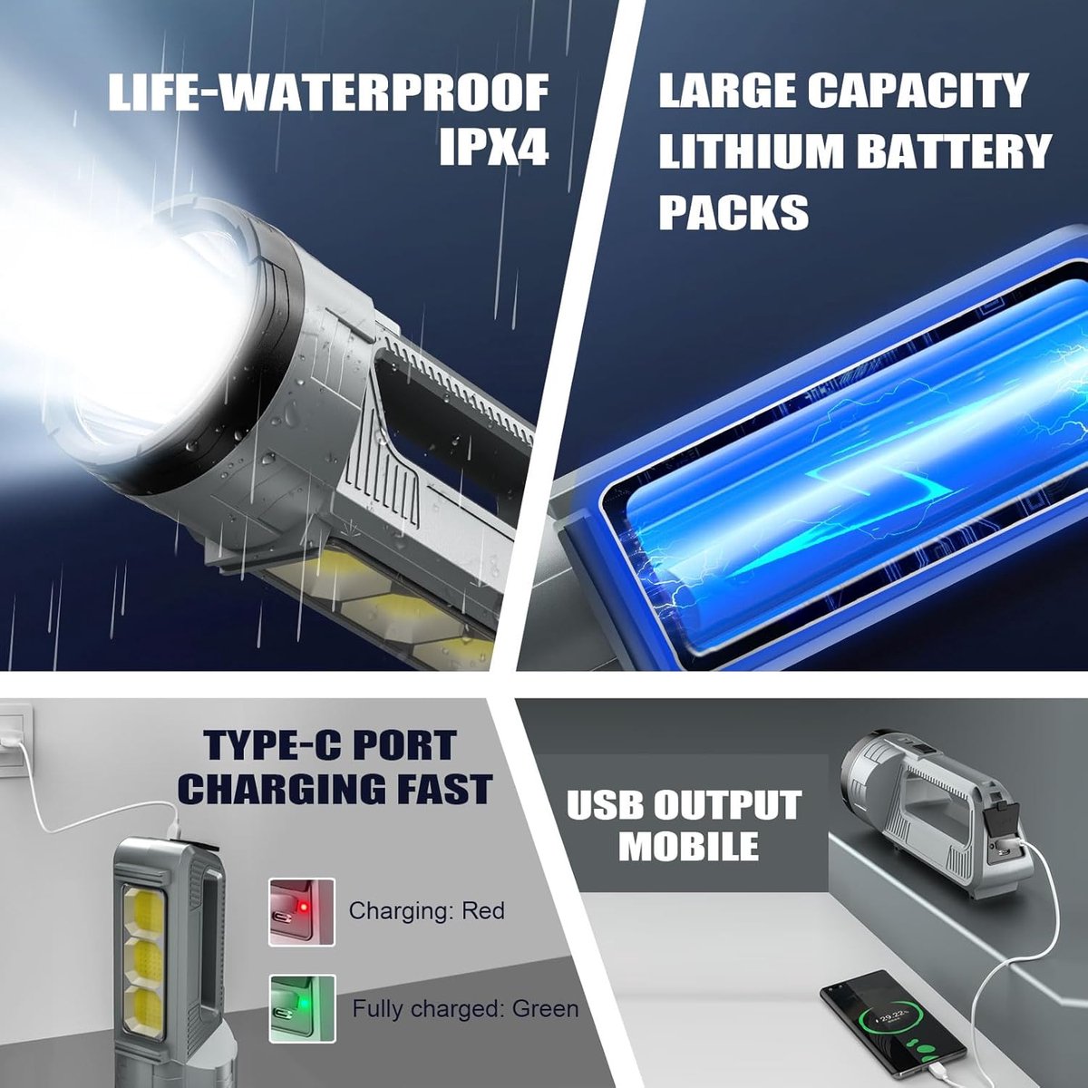 Rechargeable LED flashlight, powerful 6000 lumen outdoor emergency flashlight with 6 modes, USB data cable, V1188-MS-313-0937