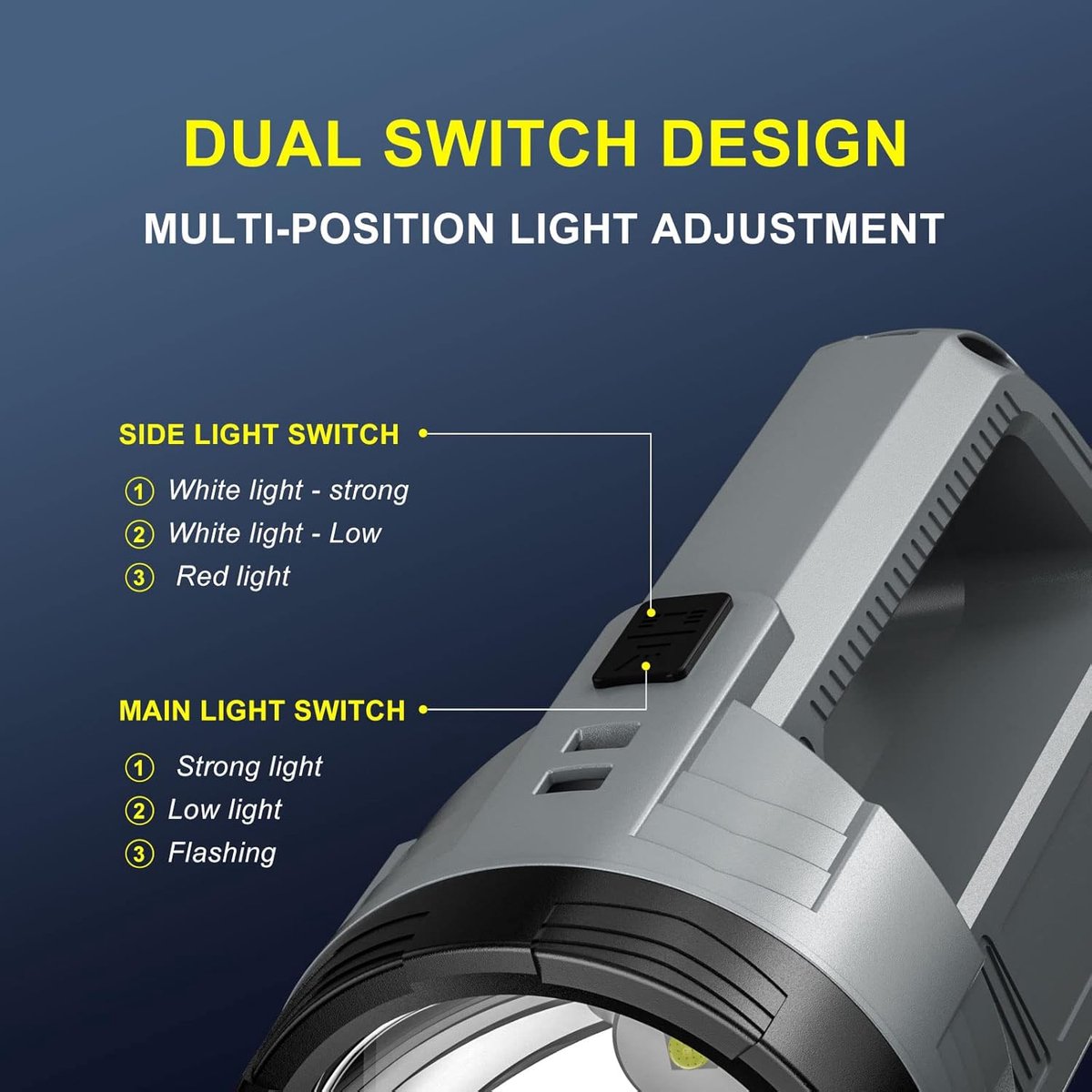 Rechargeable LED flashlight, powerful 6000 lumen outdoor emergency flashlight with 6 modes, USB data cable, V1188-MS-313-0937