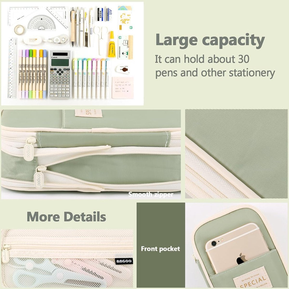 Large capacity pencil case, writing pencil case suitable for teenage girls, green, pencil case V1188-MS-313-0956