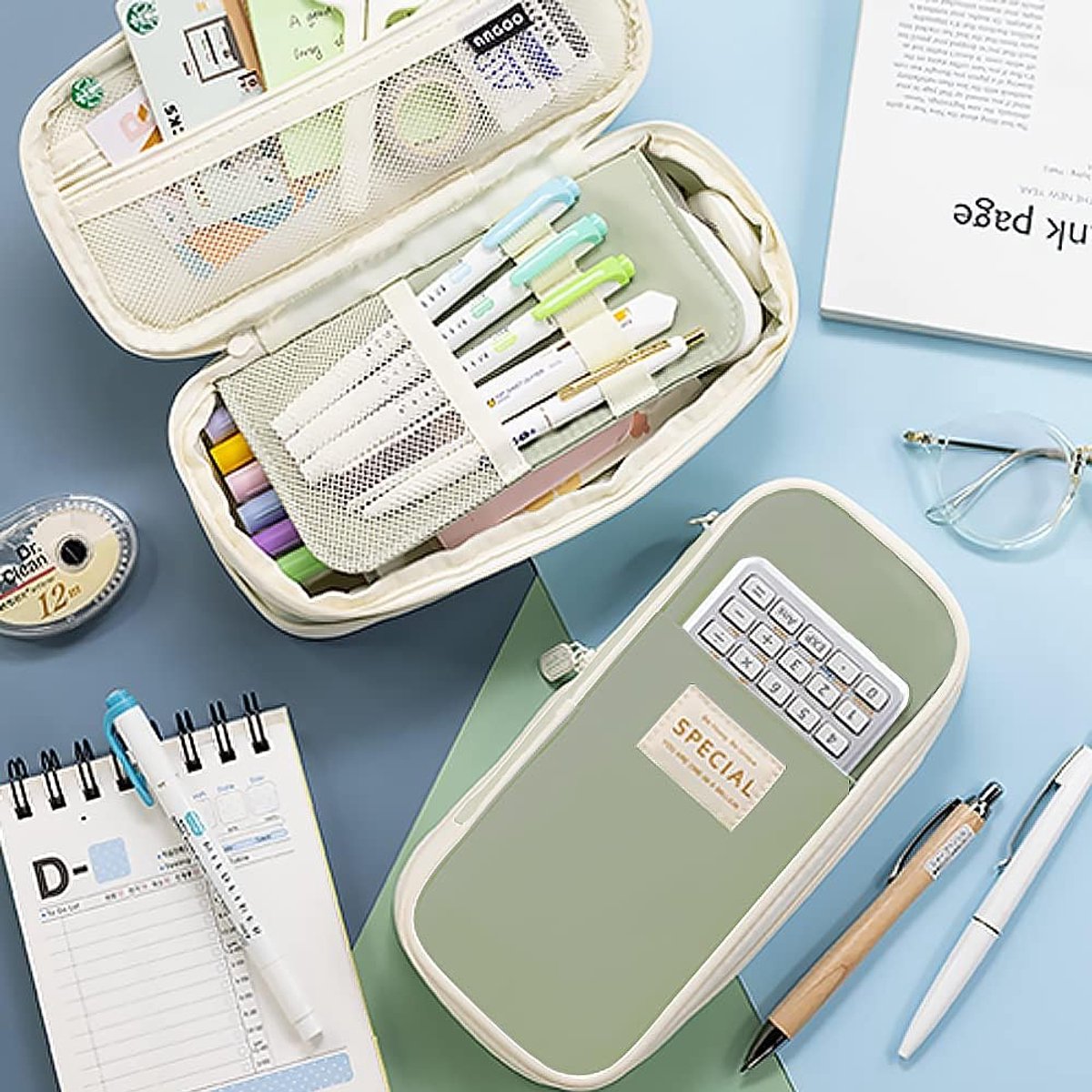 Large capacity pencil case, writing pencil case suitable for teenage girls, green, pencil case V1188-MS-313-0956
