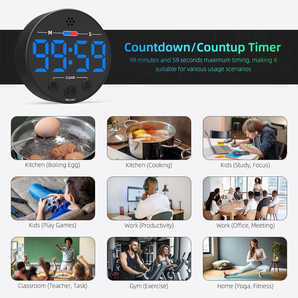 Digital Timer - Digital Kitchen Timer - Smart Timer - LED Display - Magnetic - Addition/Subtraction - Learn V1188-MS-313-0959