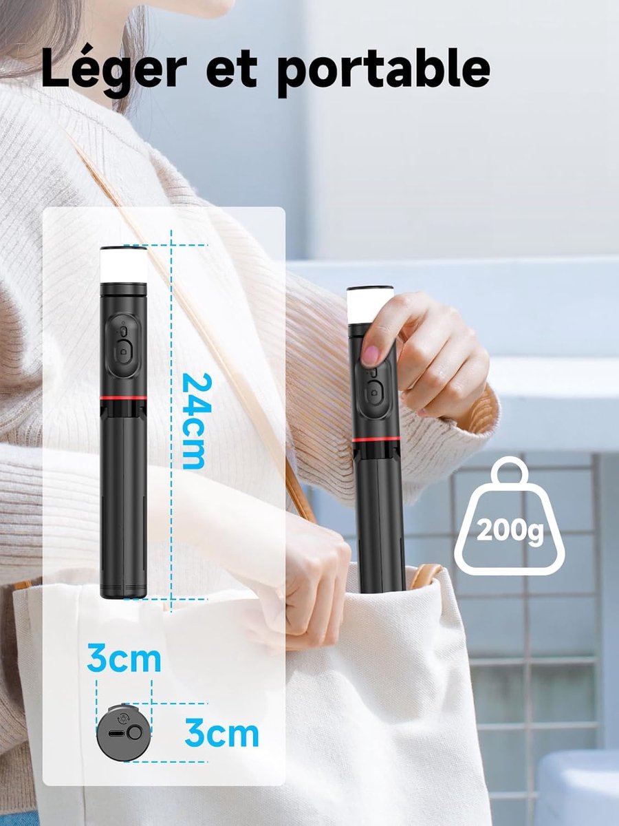 Selfie stick - Phone tripod - Tripod with auxiliary light - Mobile phone holder - With lighting function - V1188-MS-313-1051