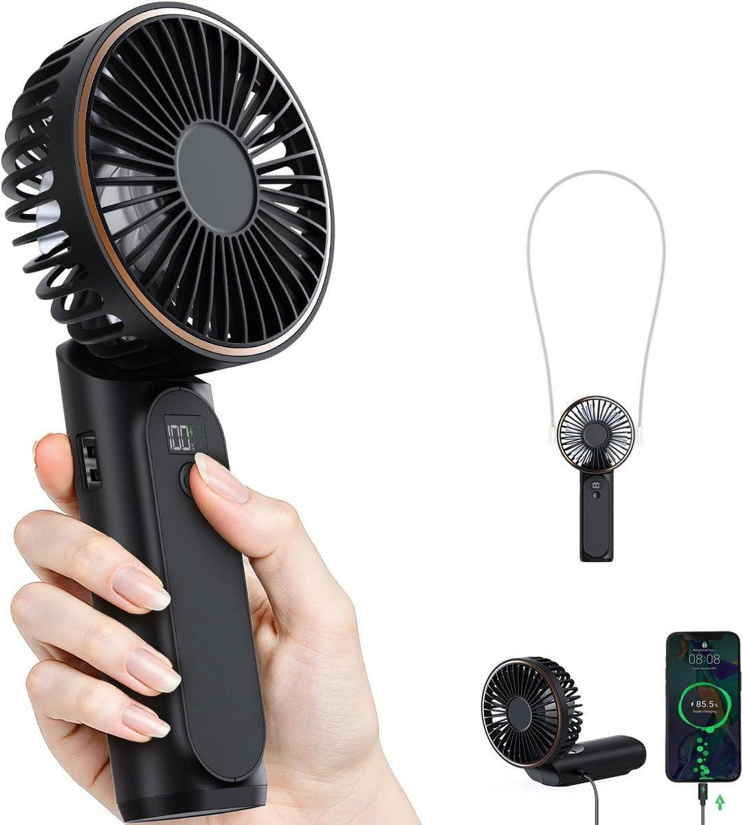 Handheld Fan - Mini Portable Fan - Rechargeable - Power Bank - 6 Settings - Black V1188-MS-313-1090