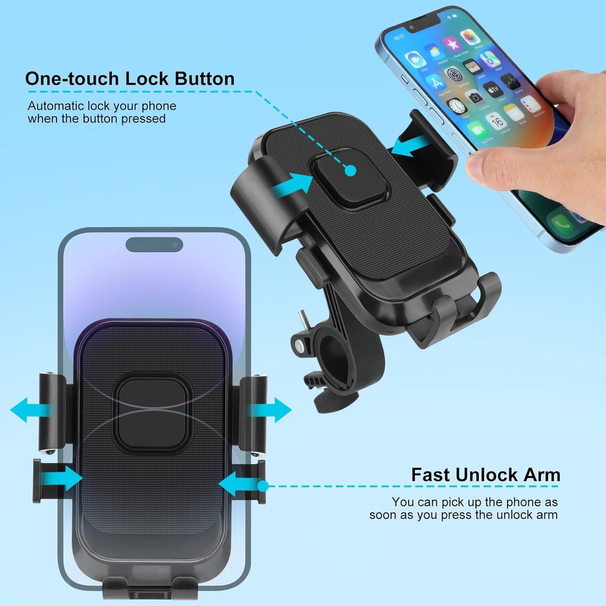 Bicycle Phone Holder - Motorcycle Phone Holder - 1 Second Automatic Locking - 360 Degree Rotating Bicycle V1188-MS-313-1097