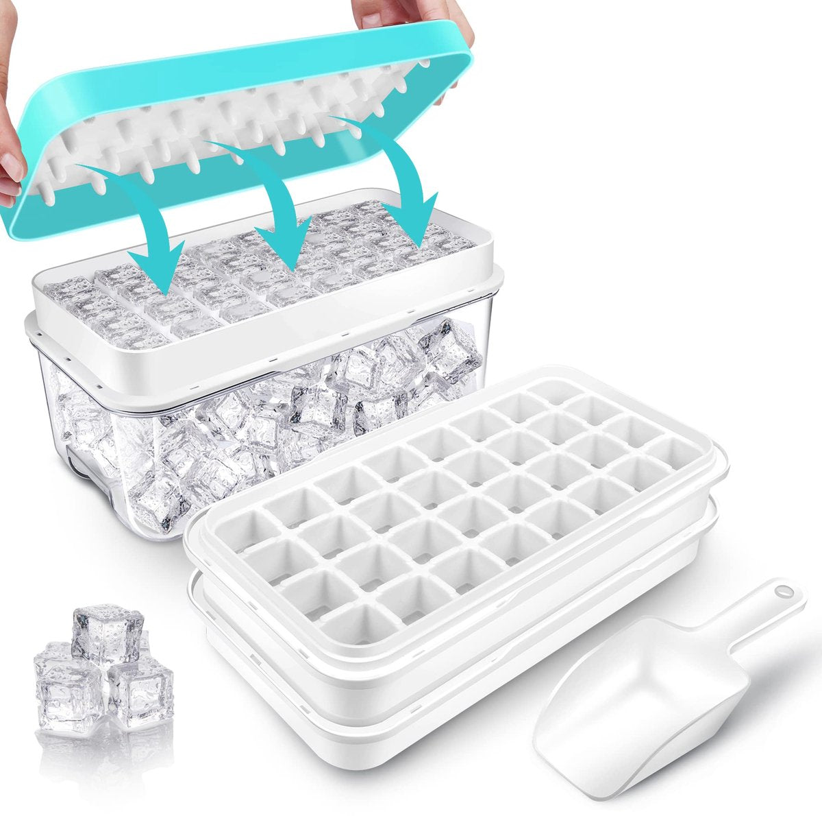 Frozen Ice Cube Trays - Food Grade Ice Cube Molds with Lids - Ice Cube Molds - 2 Layers, Blue - Releases all V1188-MS-313-1102
