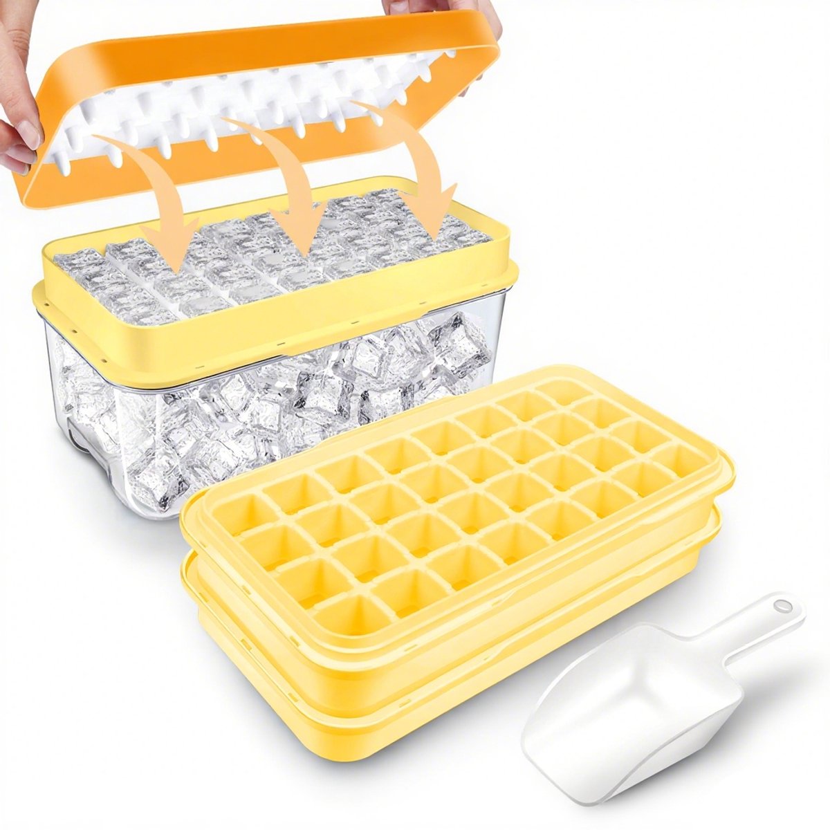Frozen Ice Cube Tray - Food-Grade Ice Cube Tray with Lid - Ice Cube Tray - 2 Layers, Yellow - Releases all V1188-MS-313-1103