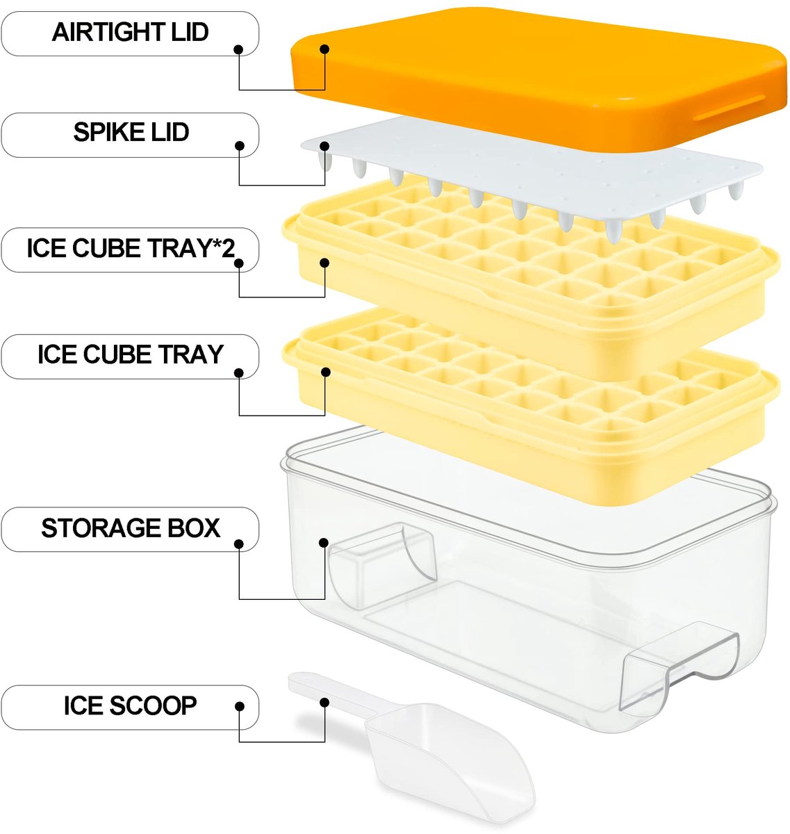 Frozen Ice Cube Tray - Food-Grade Ice Cube Tray with Lid - Ice Cube Tray - 2 Layers, Yellow - Releases all V1188-MS-313-1103
