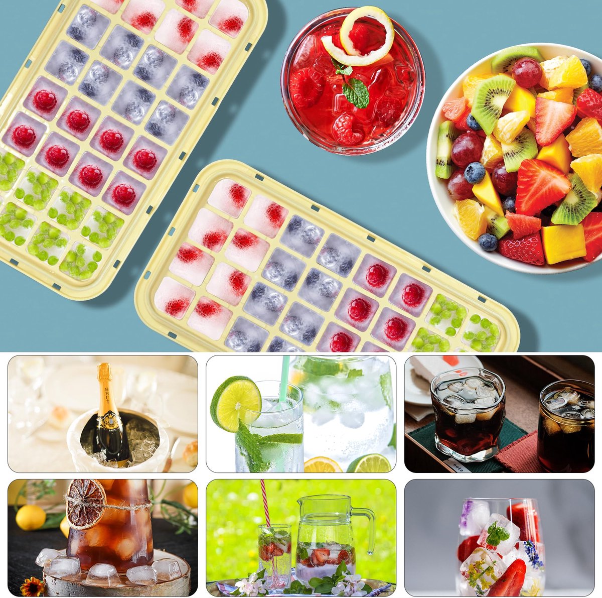 Frozen Ice Cube Tray - Food-Grade Ice Cube Tray with Lid - Ice Cube Tray - 2 Layers, Yellow - Releases all V1188-MS-313-1103