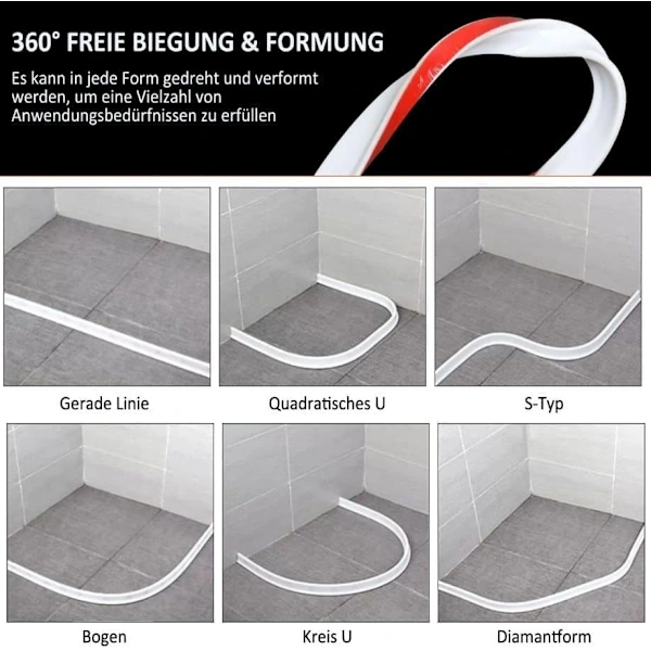 2m Self-Adhesive Shower Strip, 4cm High Waterproof Rubber Strip for Bathroom and Kitchen, Shower Threshold / V1188-MS-318-4-01