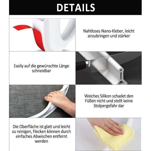 2m Self-Adhesive Shower Strip, 4cm High Waterproof Rubber Strip for Bathroom and Kitchen, Shower Threshold / V1188-MS-318-4-02