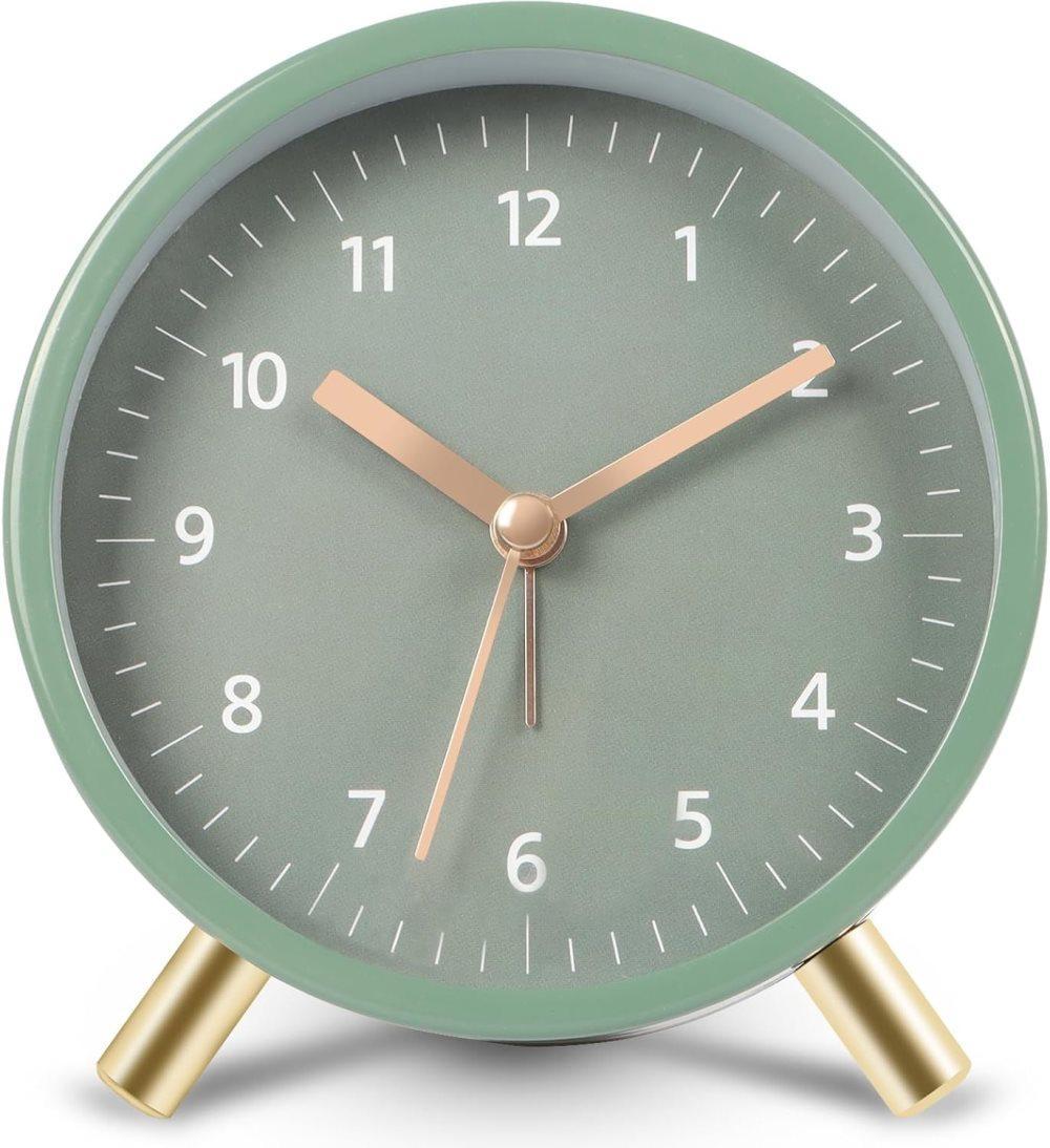 Silent Alarm Clock with Night Light and Backlight, Metal Clock for Bedrooms and Travel, green V1188-MS-325-0005