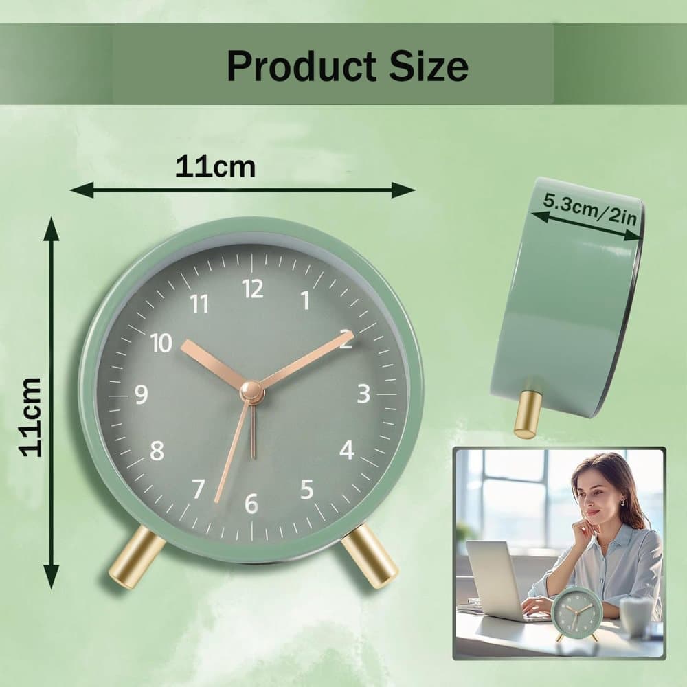 Silent Alarm Clock with Night Light and Backlight, Metal Clock for Bedrooms and Travel, green V1188-MS-325-0005