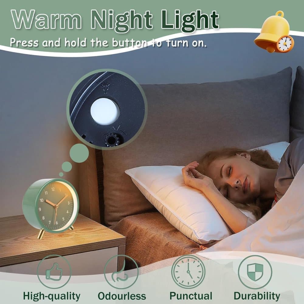 Silent Alarm Clock with Night Light and Backlight, Metal Clock for Bedrooms and Travel, green V1188-MS-325-0005