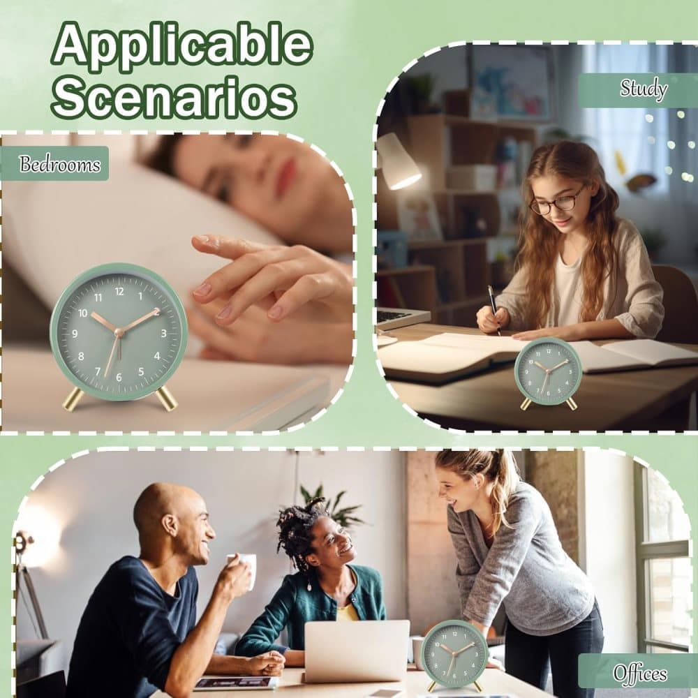 Silent Alarm Clock with Night Light and Backlight, Metal Clock for Bedrooms and Travel, green V1188-MS-325-0005