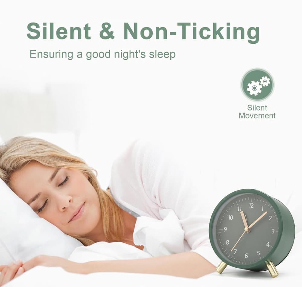 Silent Alarm Clock with Night Light and Backlight, Metal Clock for Bedrooms and Travel, green V1188-MS-325-0005