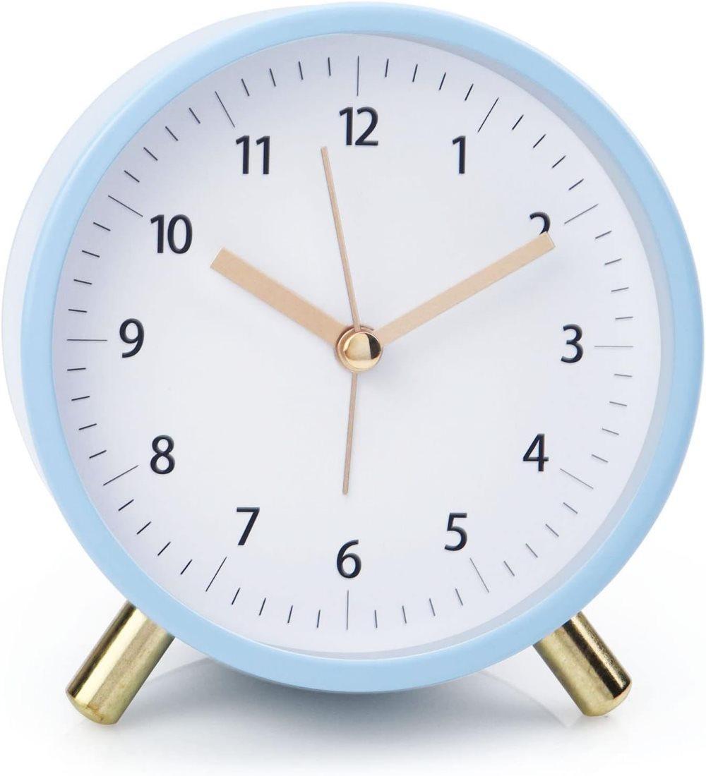 Silent Alarm Clock with Night Light and Backlight, Blue Bedroom and Travel Clock, Metal V1188-MS-325-0006