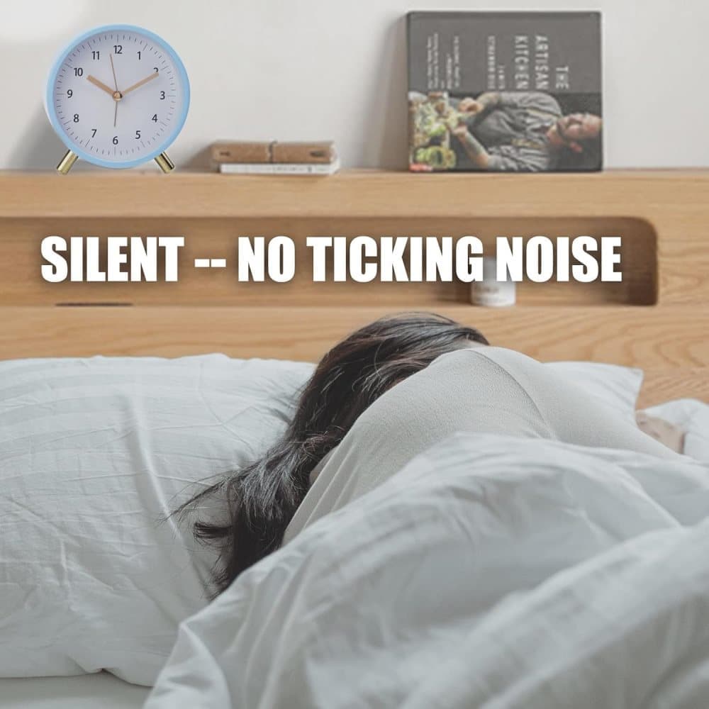 Silent Alarm Clock with Night Light and Backlight, Blue Bedroom and Travel Clock, Metal V1188-MS-325-0006