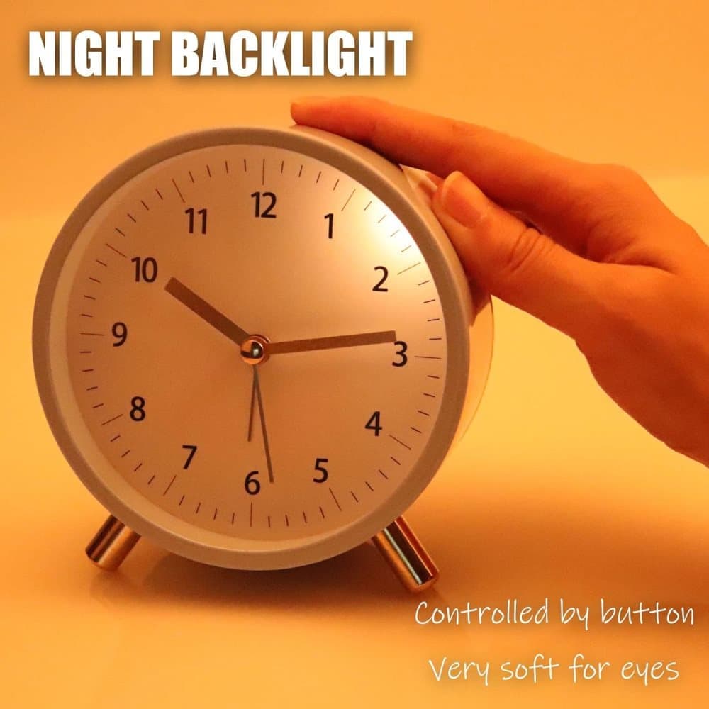 Silent Alarm Clock with Night Light and Backlight, Blue Bedroom and Travel Clock, Metal V1188-MS-325-0006