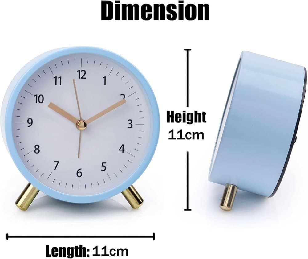 Silent Alarm Clock with Night Light and Backlight, Blue Bedroom and Travel Clock, Metal V1188-MS-325-0006