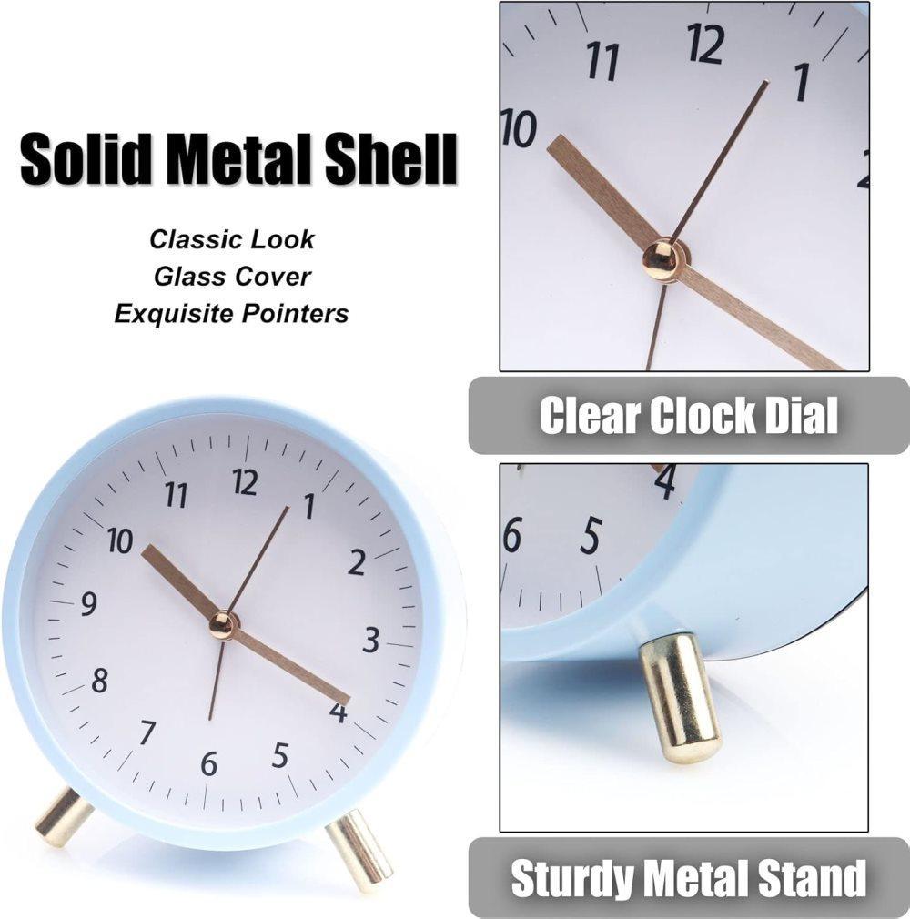 Silent Alarm Clock with Night Light and Backlight, Blue Bedroom and Travel Clock, Metal V1188-MS-325-0006