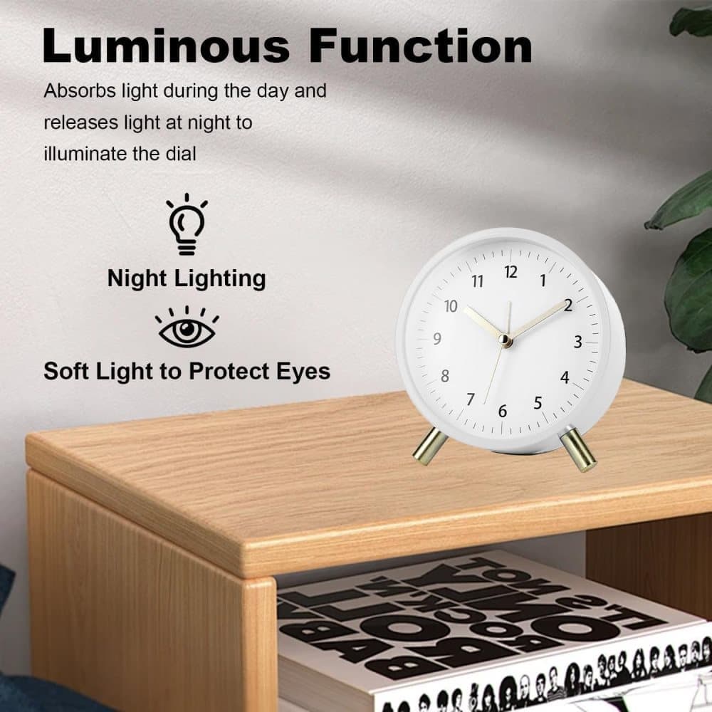 Silent Alarm Clock with Night Light and Backlight, White Metal Clock for Bedrooms and Travel V1188-MS-325-0007