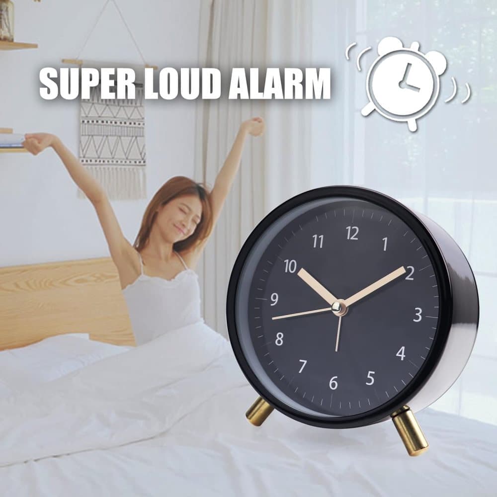 Silent Alarm Clock with Night Light and Backlight, Metal Clock for Bedrooms and Travel, Black V1188-MS-325-0009