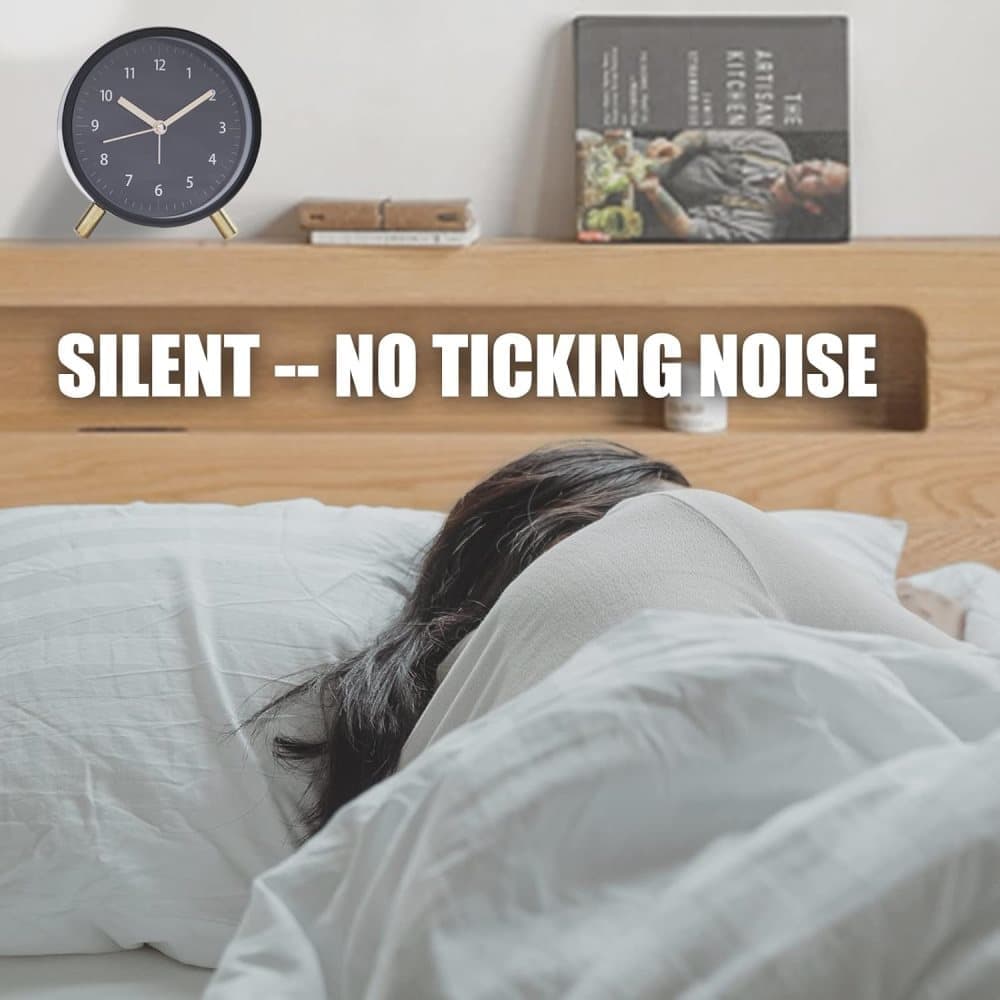 Silent Alarm Clock with Night Light and Backlight, Metal Clock for Bedrooms and Travel, Black V1188-MS-325-0009