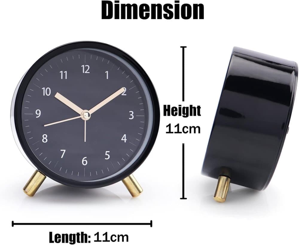 Silent Alarm Clock with Night Light and Backlight, Metal Clock for Bedrooms and Travel, Black V1188-MS-325-0009